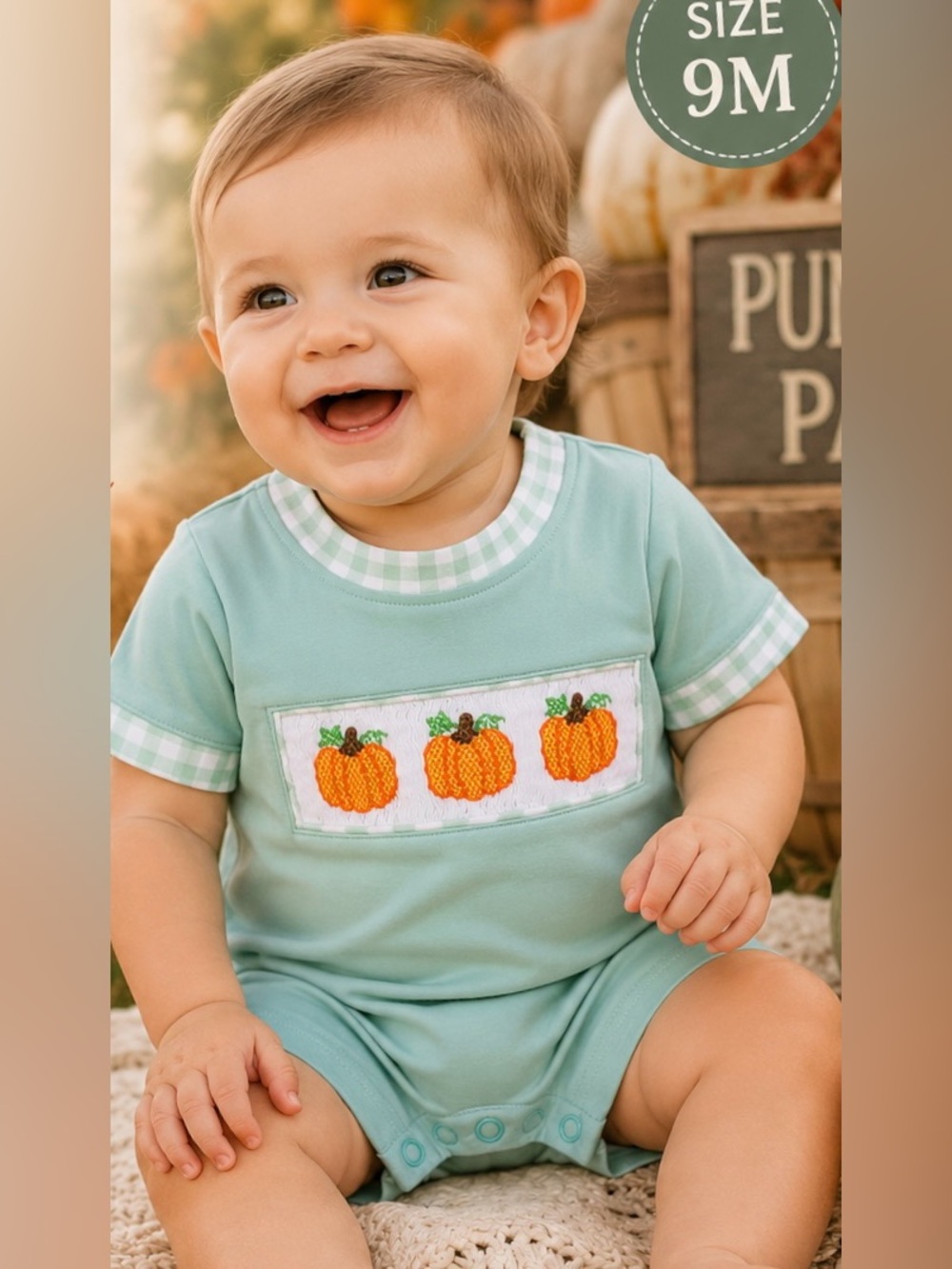 All Smocked Boutique Baby Boy 9M Pumpkin Smocked Gingham Fall Bubble